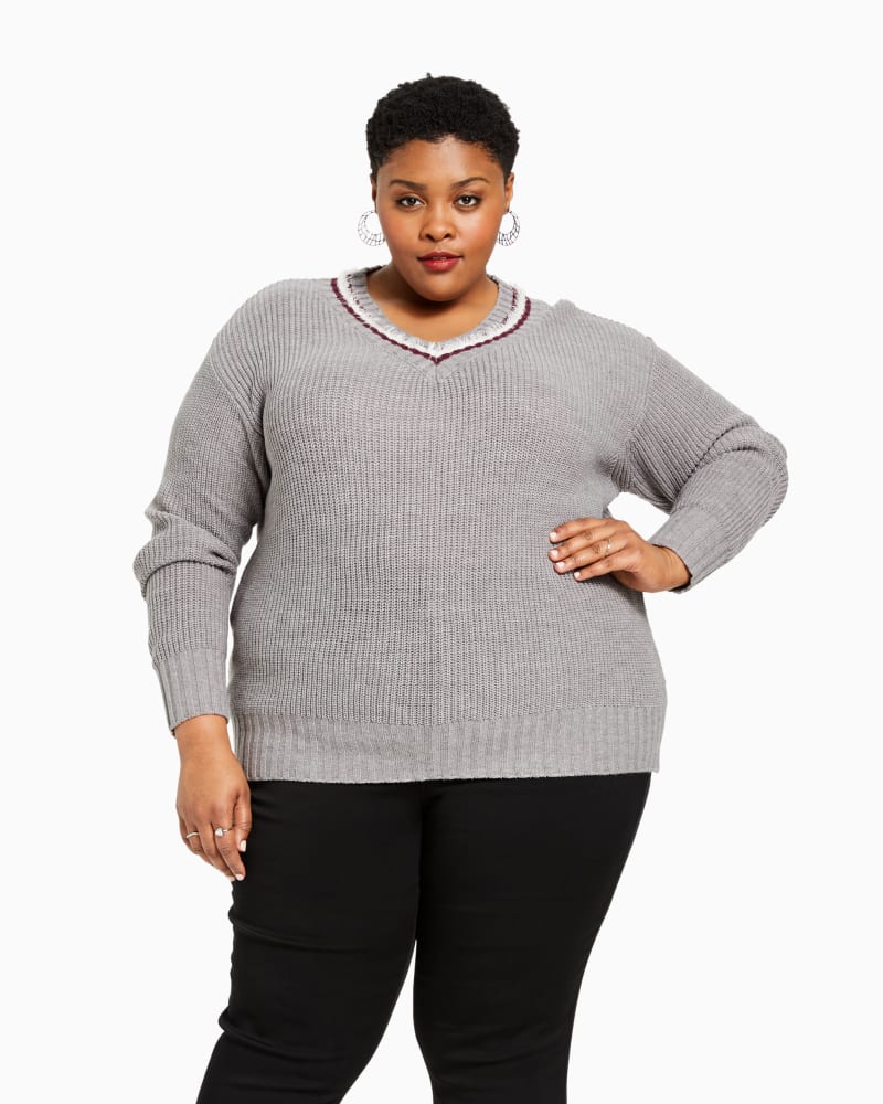 Front of plus size Sloane Varsity V-Neck Sweater by Molly&Isadora | Dia&Co | dia_product_style_image_id:117767